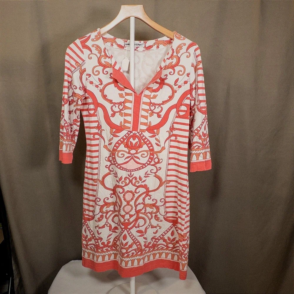 Barbara Gerwit 3/4 Sleeve Dress Size Small Orange White Scroll Print
